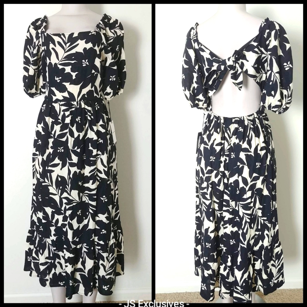 Black and Cream Floral Open Back Dress